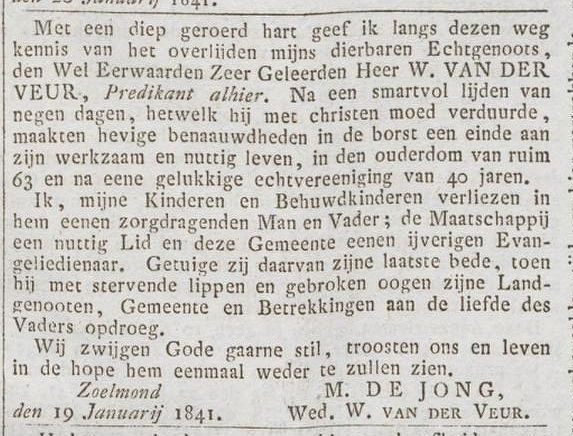 Overlijdensannonce Willem van der Veur in de Rotterdamsche Courant, 26-01-1841
