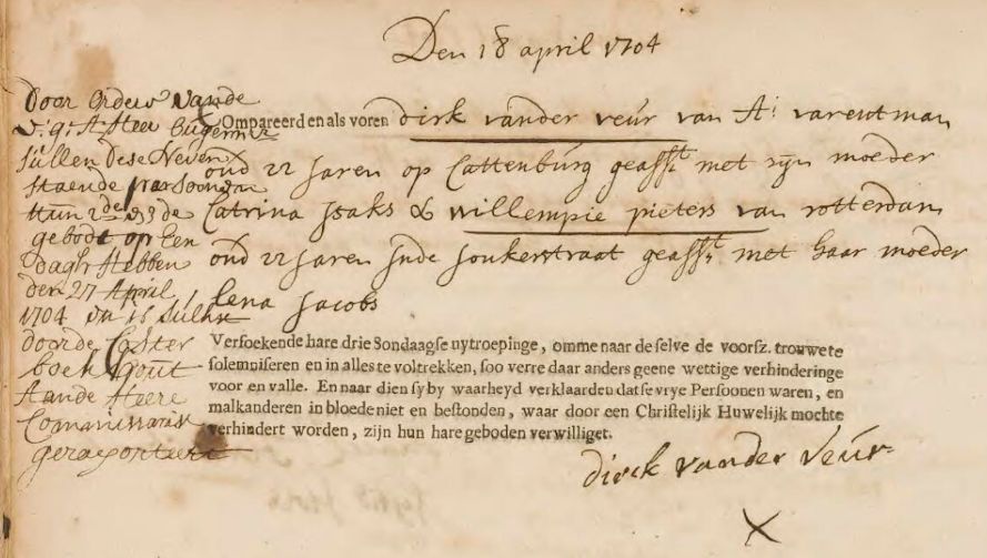 Ondertrouw Dirck van der Veur